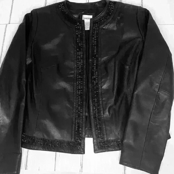 Chicos size 1 black leather jacket jewel trim neckline and front 3 snap closure - Picture 1 of 6